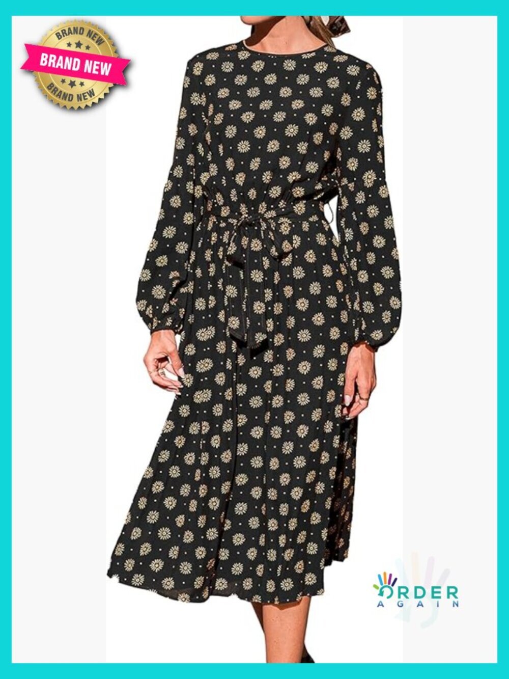 Midi Fall Dress Floral Long Sleeve Belted A-Line Flowy Casual Wedding Guest